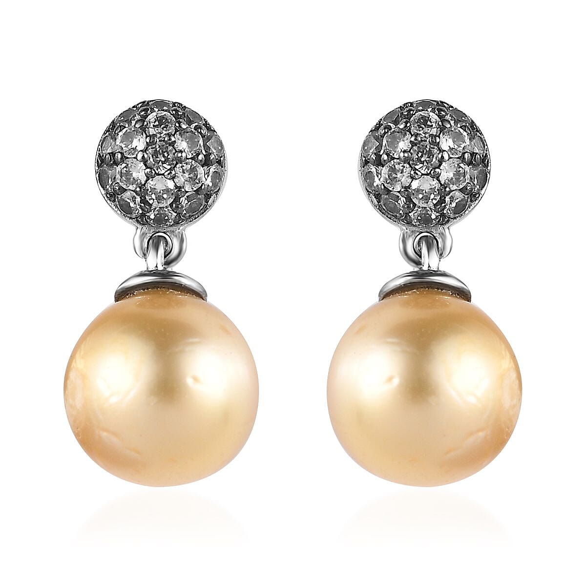 South Sea Golden Pearl and Brown Zircon Drop Earrings in Platinum Over Sterling Silver 0.50 ctw