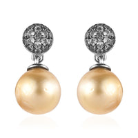 South Sea Golden Pearl and Brown Zircon Drop Earrings in Platinum Over Sterling Silver 0.50 ctw
