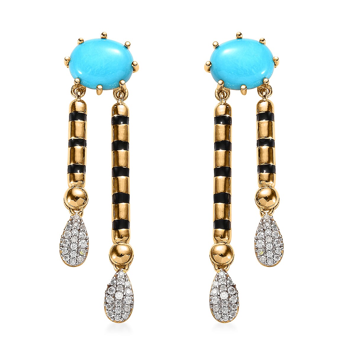 Sleeping Beauty Turquoise and Moissanite Dangling Earrings in Vermeil Yellow Gold Over Sterling Silver 4.85 ctw