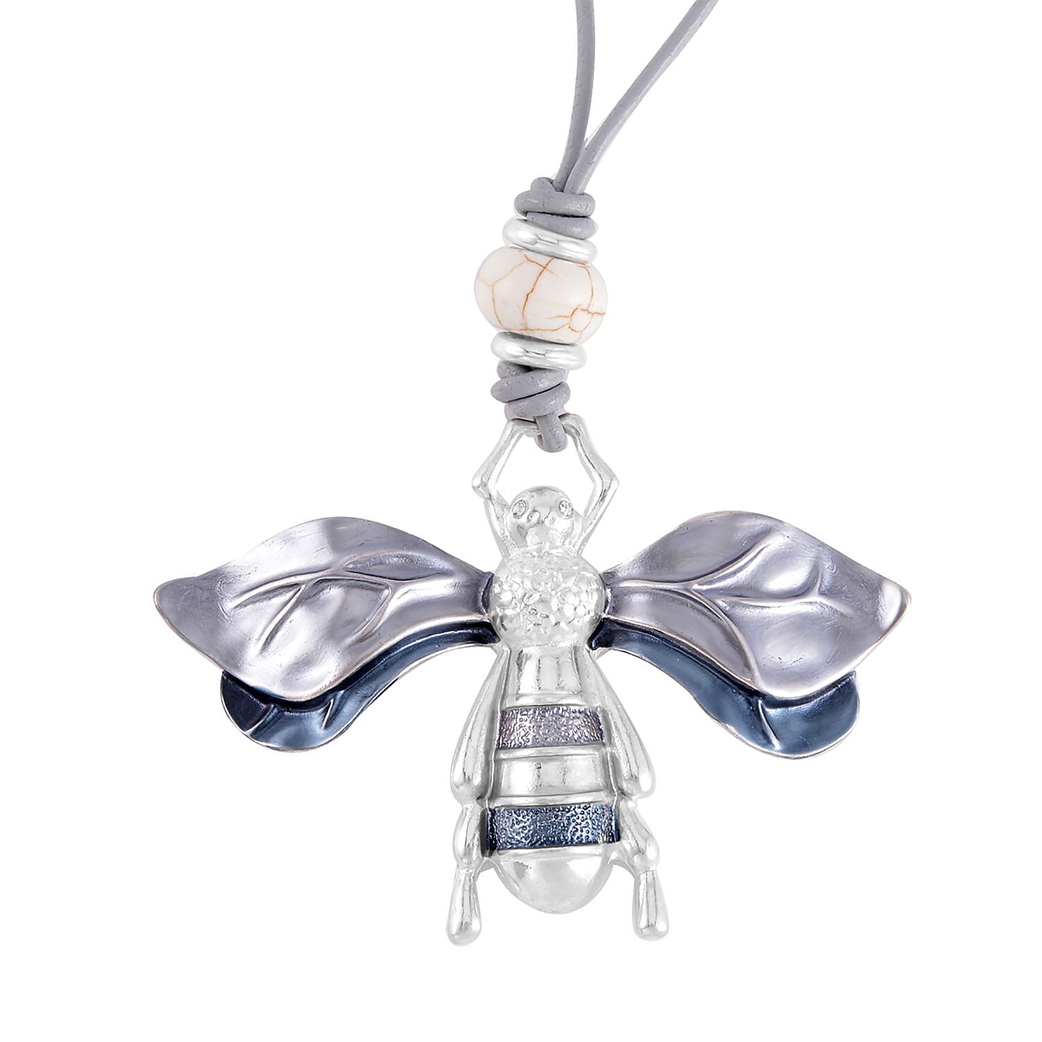 Grey Agate, Constituted White Howlite and Enameled Necklace 28-30 Inches in Silvertone 4.50 ctw