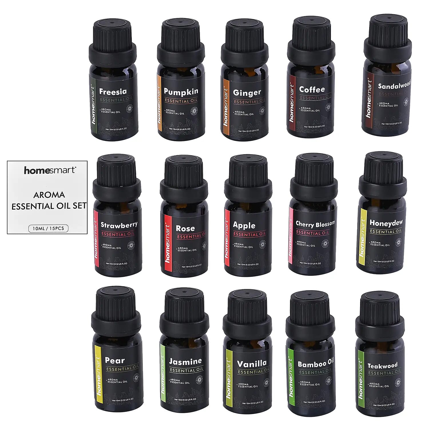 Set of 15 Essential Oil (Pumpkin, Coffee, Vanilla, Ginger, Rose, Jasmine, Freesia, Cherry Blossom, Apple, Pear, Strawberry, Honeydew, Sandalwood, Teakwood, Bamboo)