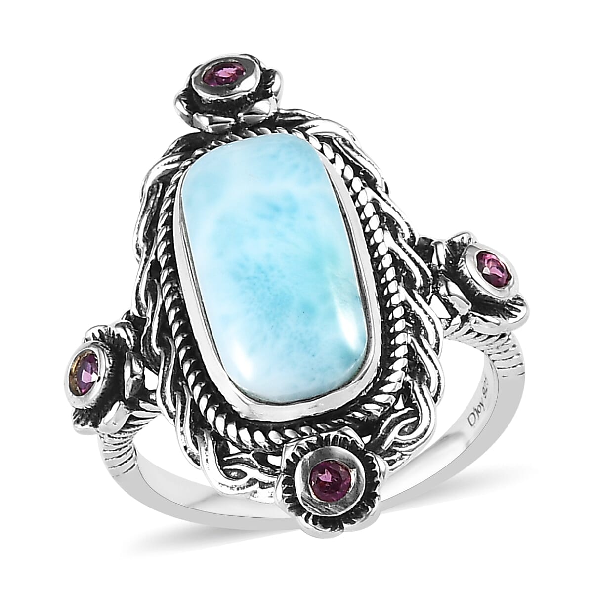 Larimar and Orissa Rhodolite Garnet Ring in Sterling Silver 4.85 ctw