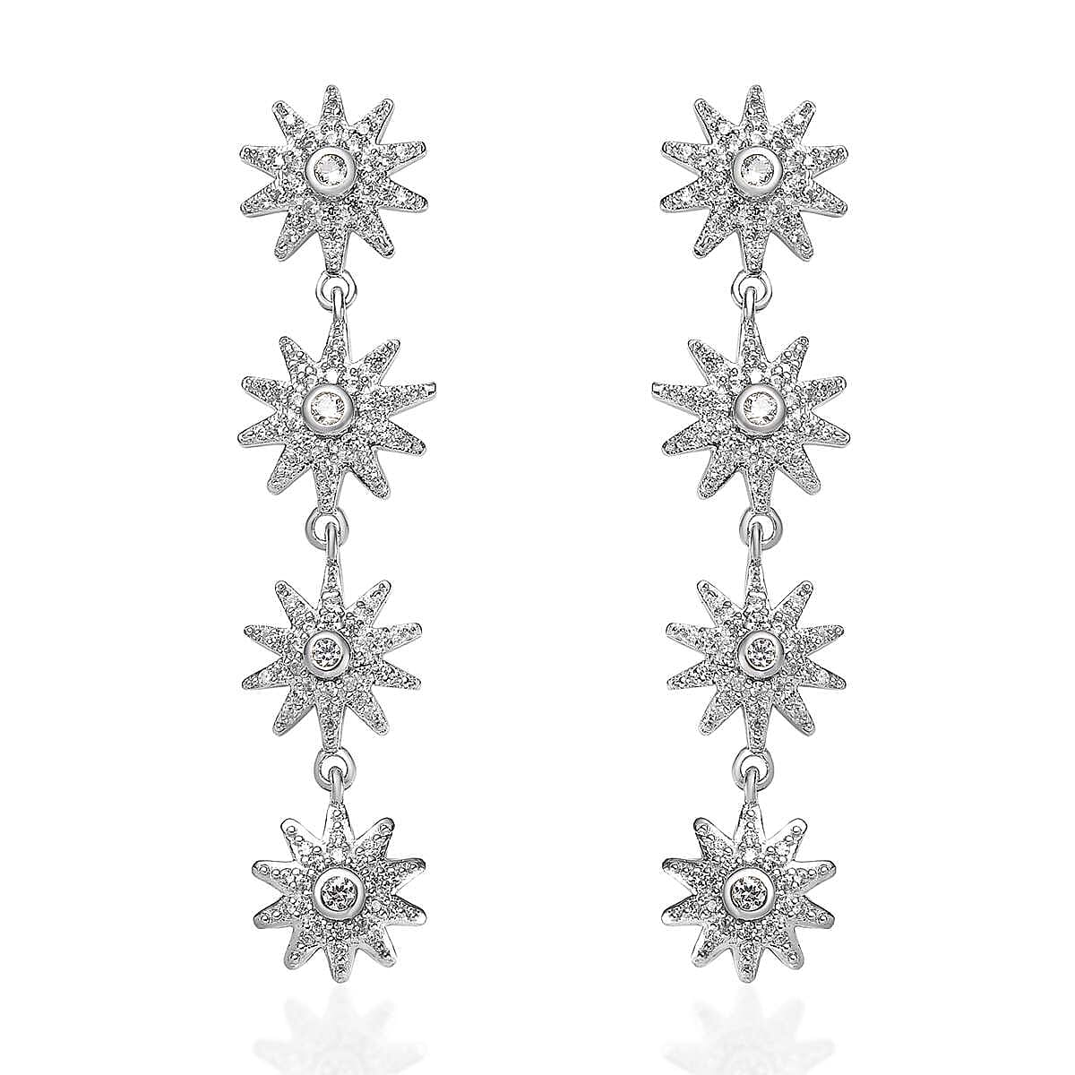 White Zircon Celestiial Suns Floral Drop Earrings in Platinum Over Sterling Silver 2.85 ctw