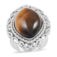 Tiger's Eye Solitaire Ring in Rhodium Over Sterling Silver 18.50 ctw