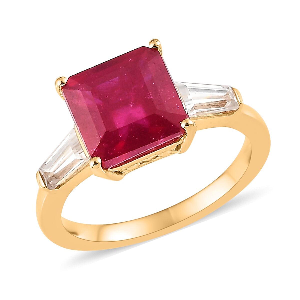 Asscher Cut Niassa Ruby (FF) and White Zircon Trilogy Ring in Vermeil Yellow Gold Over Sterling Silver (Size 10.0) 4.15 ctw