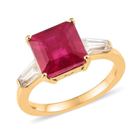 Asscher Cut Niassa Ruby (FF) and White Zircon Trilogy Ring in Vermeil Yellow Gold Over Sterling Silver (Size 10.0) 4.15 ctw
