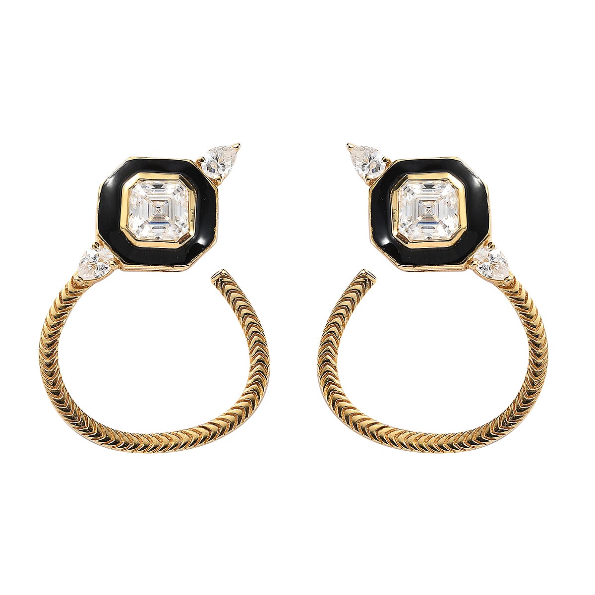 Asscher Cut Moissanite Eternal Love Black Enameled Snake Earrings in Sterling Silver 2.85 ctw