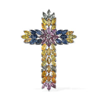 Multi Sapphire Floral Spray Cross Pendant in Platinum Over Sterling Silver 9.60 ctw