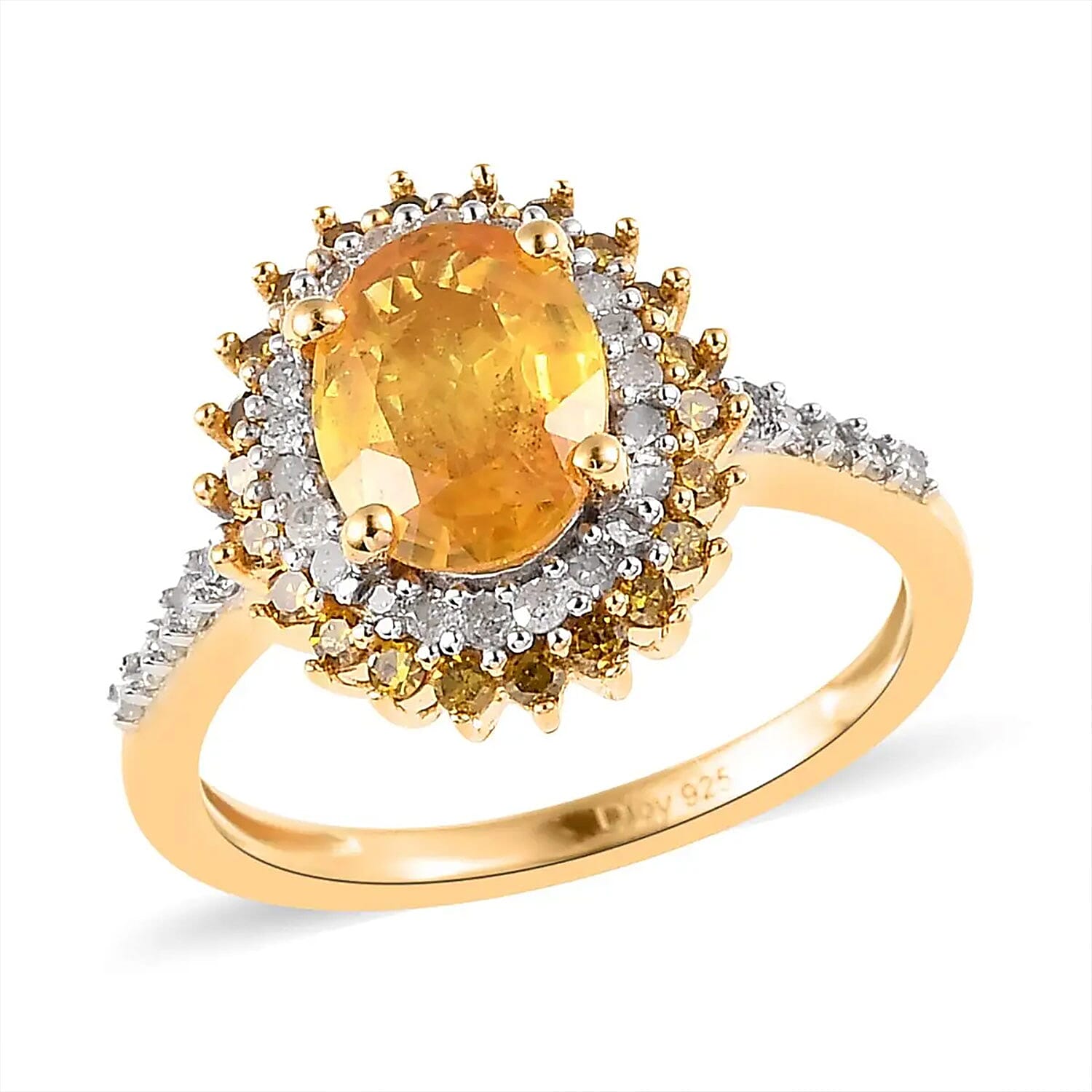 Madagascar Yellow Sapphire, Natural Yellow and White Diamond (0.45 cts) Double Halo Ring in Vermeil YG Over Sterling Silver (Size 10.0) 2.09 ctw