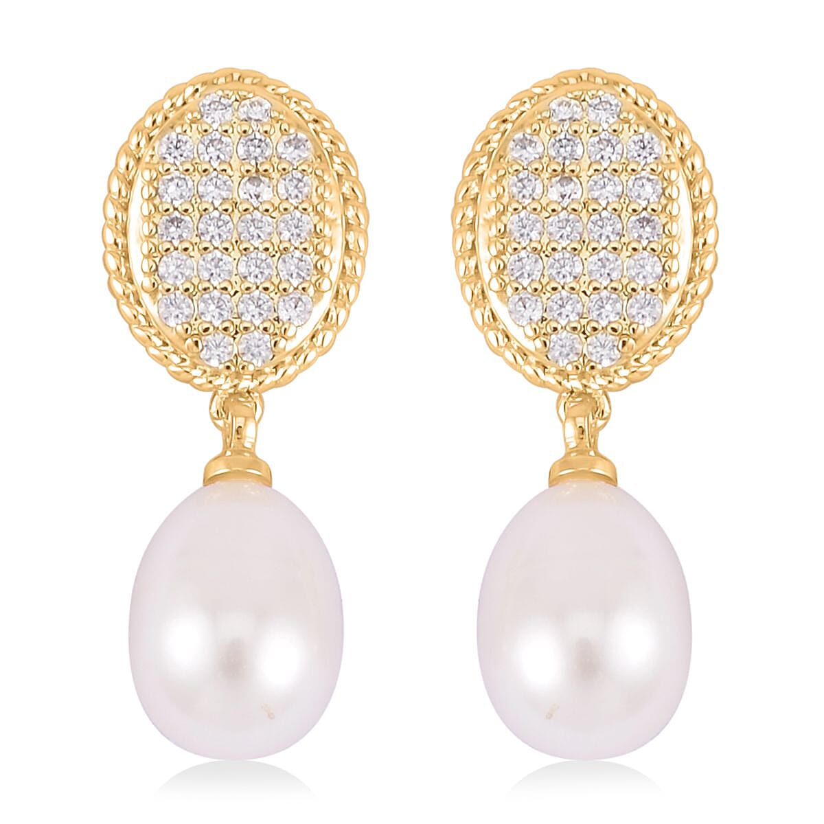 Freshwater Pearl and Simulated Diamond 0.10 ctw Drop Earrings in Goldtone