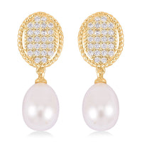 Freshwater Pearl and Simulated Diamond 0.10 ctw Drop Earrings in Goldtone