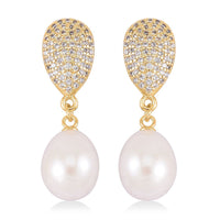 Freshwater Pearl and Simulated Diamond Drop Earrings in Goldtone 0.10 ctw