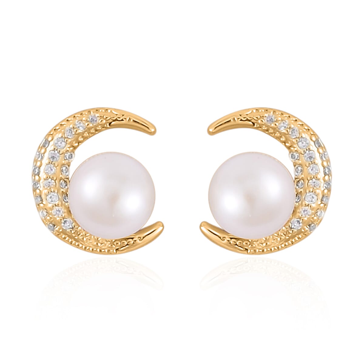 White Freshwater Pearl, Simulated Diamond Celestial Earrings in Goldtone 0.10 ctw