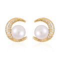 White Freshwater Pearl, Simulated Diamond Celestial Earrings in Goldtone 0.10 ctw - Sticky add to cart bar