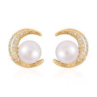 White Freshwater Pearl, Simulated Diamond Celestial Earrings in Goldtone 0.10 ctw