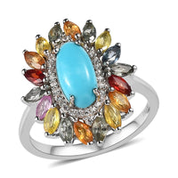 Premium Sleeping Beauty Turquoise and Multi Gemstone Floral Ring in Platinum Over Sterling Silver (Size 10.0) 2.50 ctw