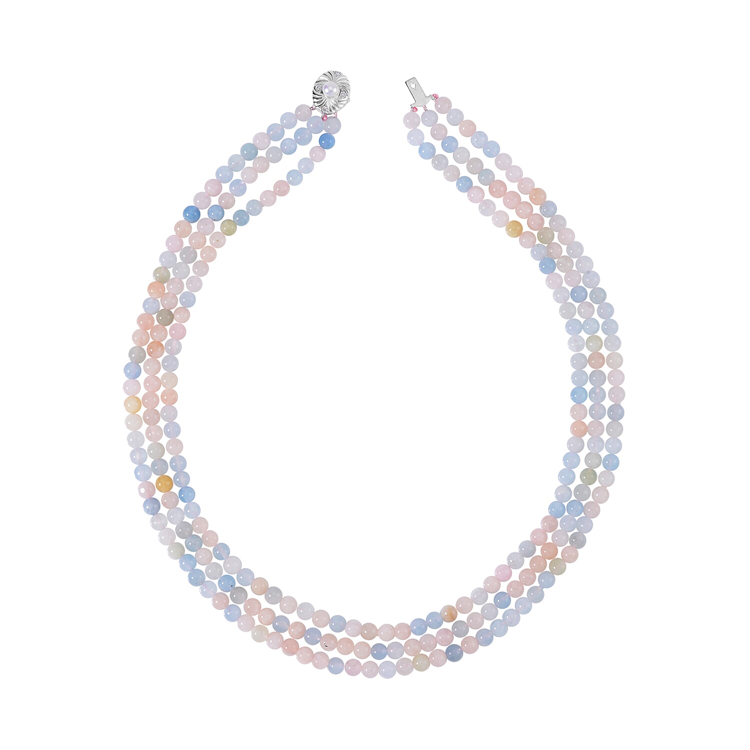 White Freshwater Pearl, Multi Beryl and Simulated Diamond 3 Row Beaded Necklace 18 Inches in Rhodium Over Sterling Silver 323.20 ctw