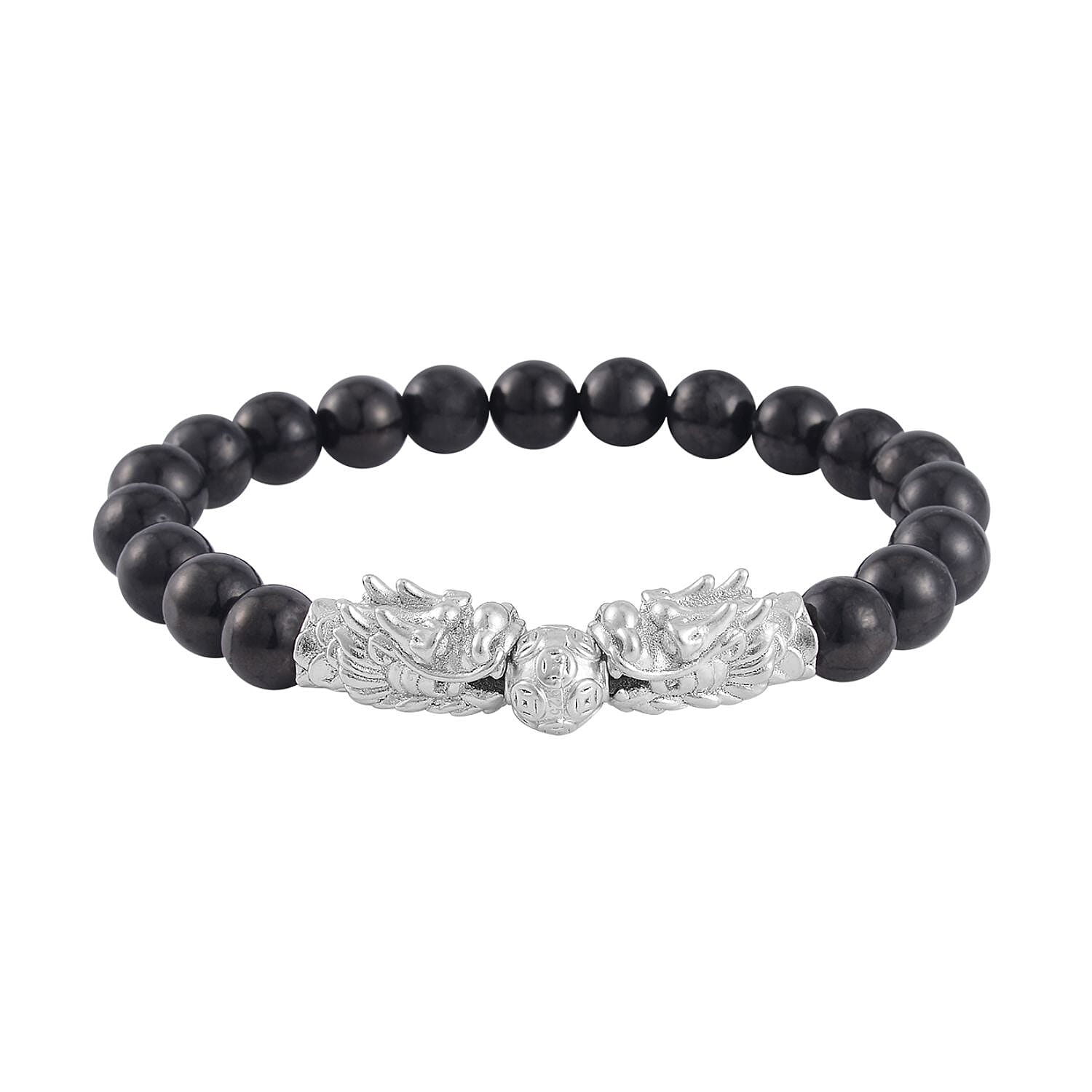 Shungite Beaded Stretch Bracelet with Dragon Charm in Rhodium Over Sterling Silver 66.70 ctw