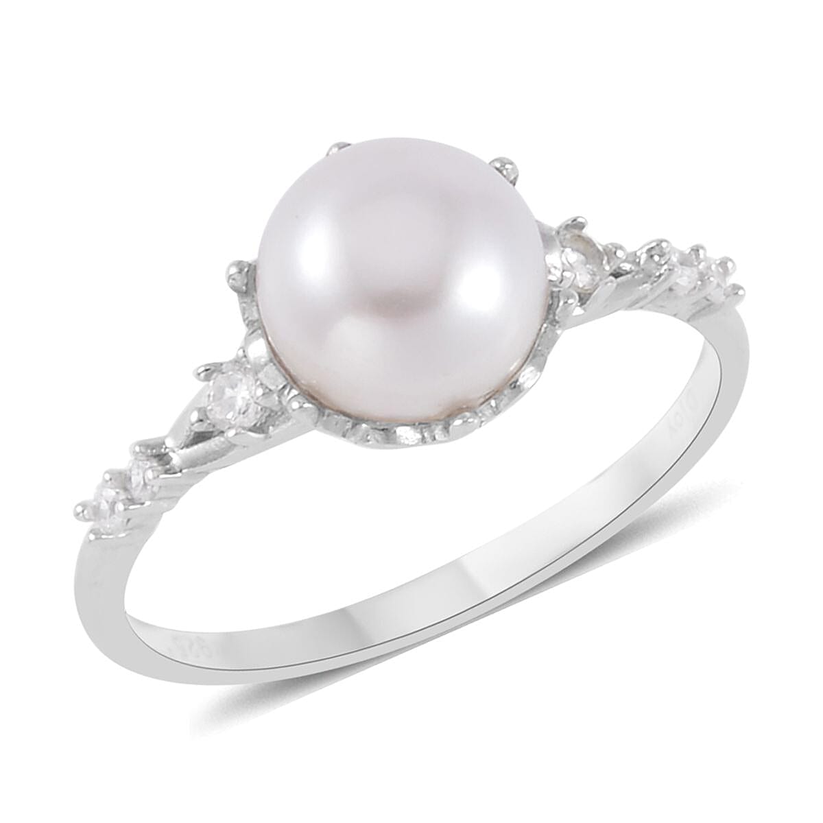 White Freshwater Cultured Pearl and Simulated Diamond Ring in Rhodium Over Sterling Silver (Size 10.0) 0.10 ctw