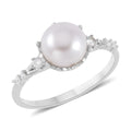 White Freshwater Cultured Pearl and Simulated Diamond Ring in Rhodium Over Sterling Silver (Size 10.0) 0.10 ctw - Sticky add to cart bar