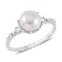 White Freshwater Cultured Pearl and Simulated Diamond Ring in Rhodium Over Sterling Silver (Size 10.0) 0.10 ctw