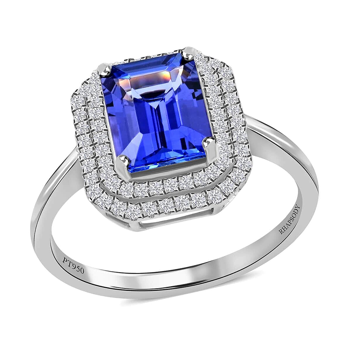 Certified and Appraised Rhapsody 950 Platinum AAAA Tanzanite and E-F VS Diamond Double Halo Ring (Size 10.0) 6.15 Grams 3.00 ctw (Del. in 7-10 Days)