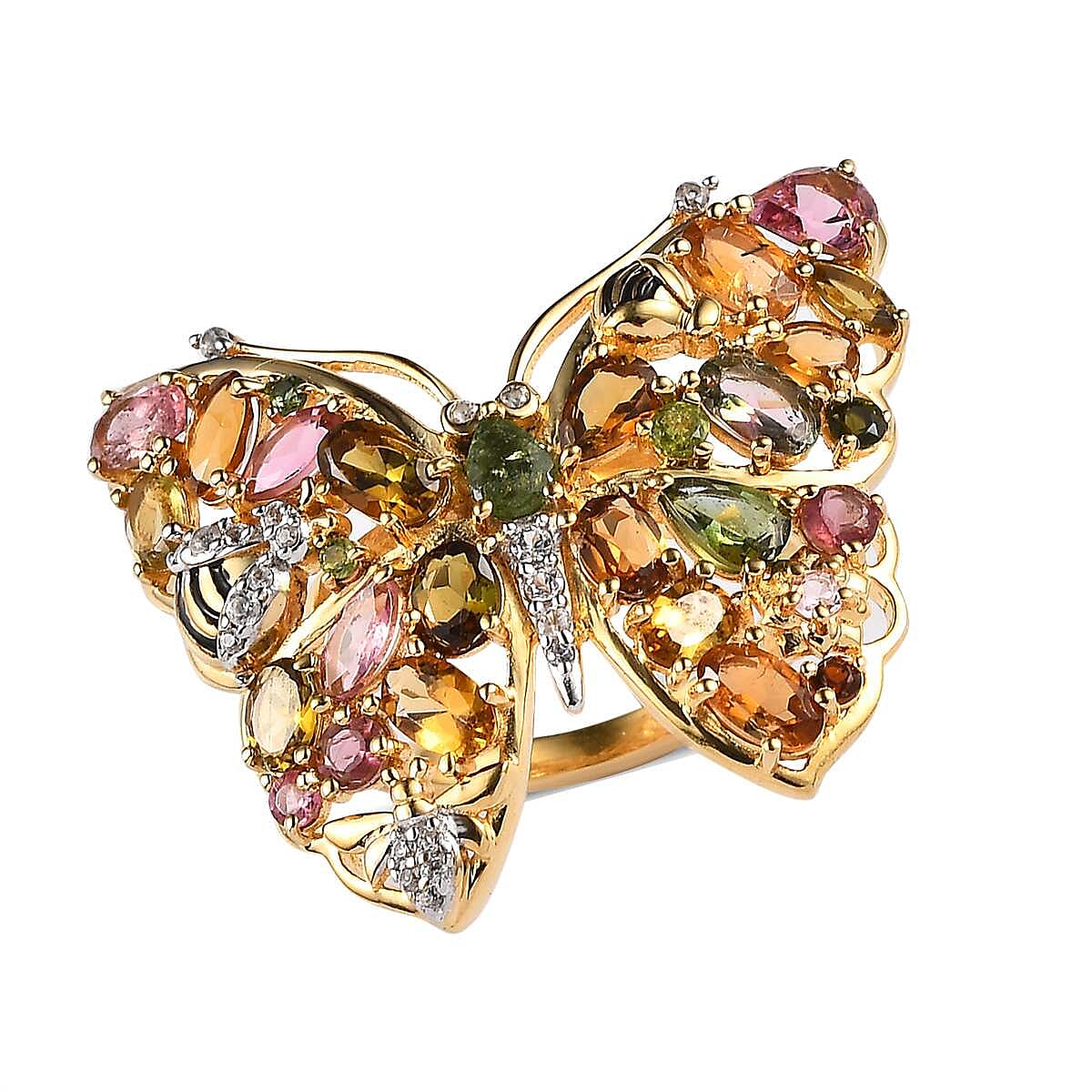 GP Trionfo Collection Premium Multi-Tourmaline and White Zircon Butterfly Ring in Vermeil Yellow Gold Over Sterling Silver 4.90 ctw