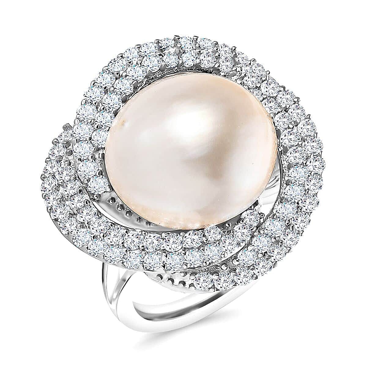 South Sea White Pearl and White Zircon Ring in Platinum Over Sterling Silver 2.60 ctw