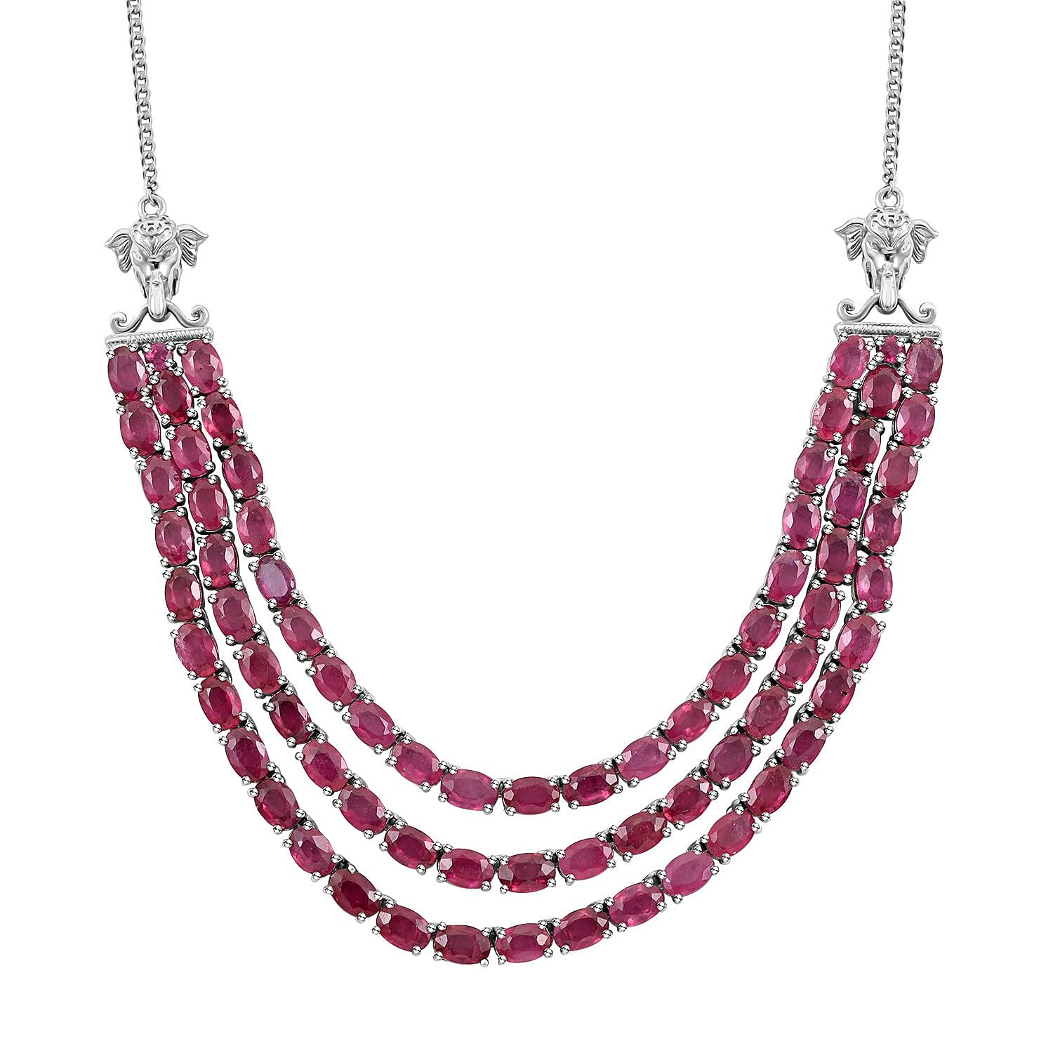 Niassa Ruby (FF) Multi Strand Necklace 18 Inches in Platinum Over Sterling Silver 46.00 ctw