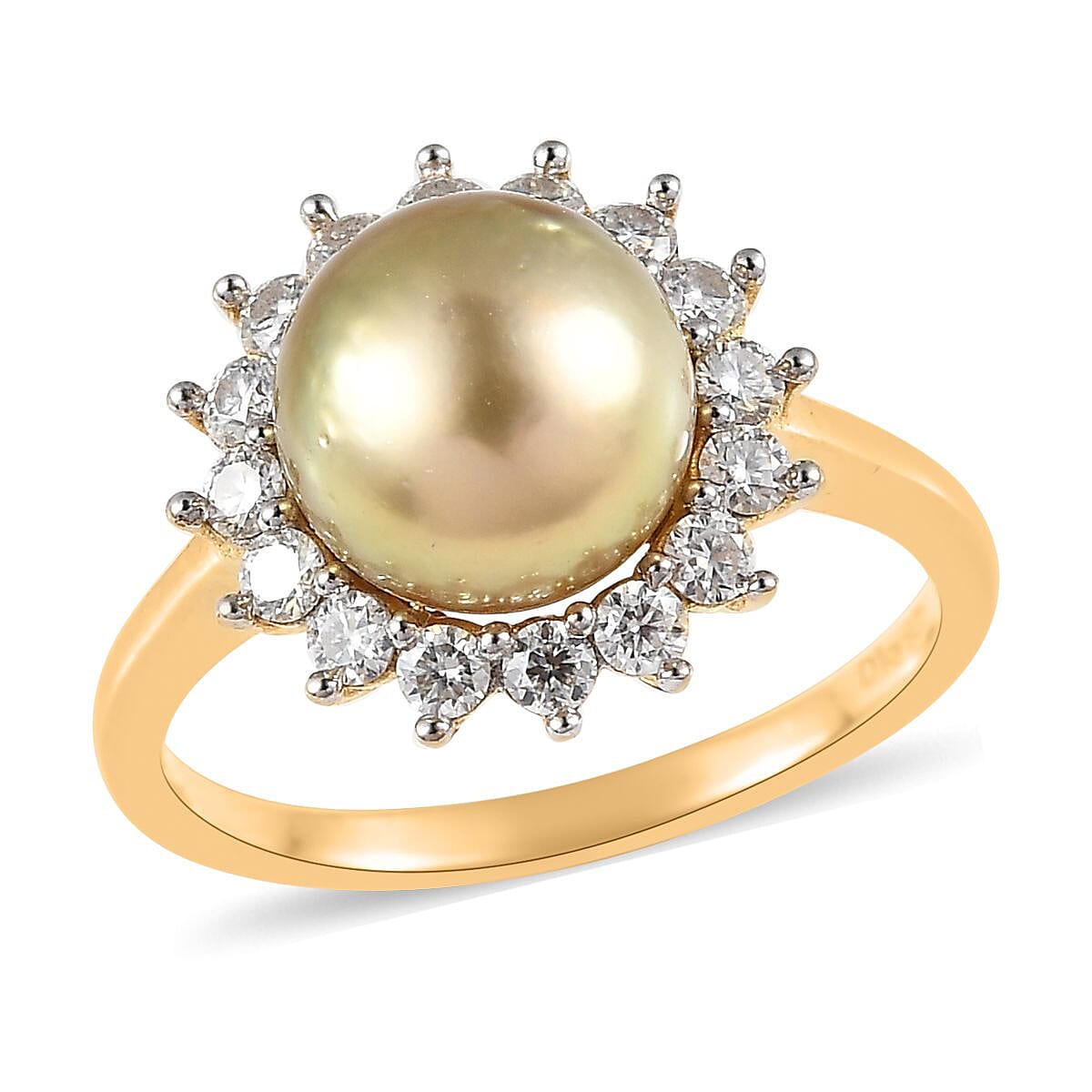South Sea Golden Pearl and Moissanite Sunburst Ring in Vermeil Yellow Gold Over Sterling Silver (Size 10.0) 0.40 ctw