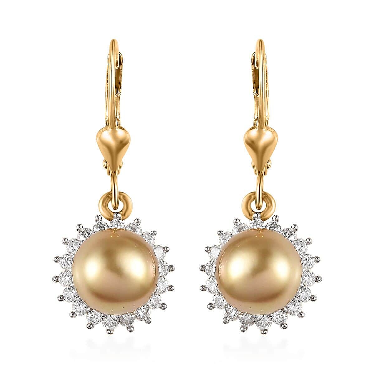 South Sea Golden Pearl and Moissanite Sunburst Earrings in Vermeil Yellow Gold Over Sterling Silver 0.35 ctw