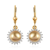 South Sea Golden Pearl and Moissanite Sunburst Earrings in Vermeil Yellow Gold Over Sterling Silver 0.35 ctw