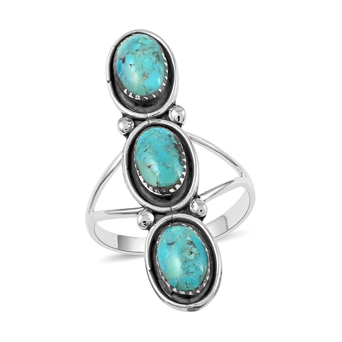 Santa Fe Style Kingman Turquoise 3 Stone Ring in Sterling Silver 8.00 ctw