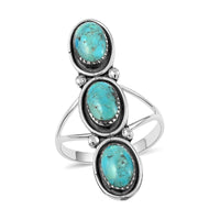 Santa Fe Style Kingman Turquoise 3 Stone Ring in Sterling Silver 8.00 ctw