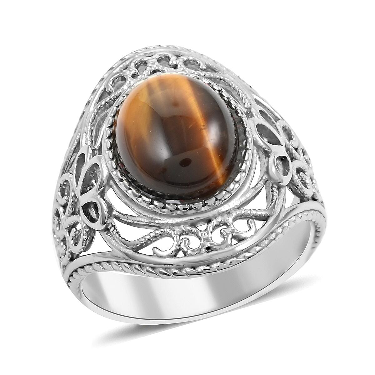 Tiger's Eye Solitaire Ring in Rhodium Over Sterling Silver 4.00 ctw