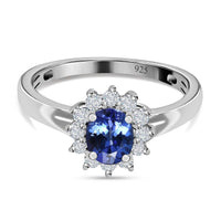 Tanzanite and White Zircon Ring in Platinum Over Sterling Silver (Size 10.0) 1.55 ctw