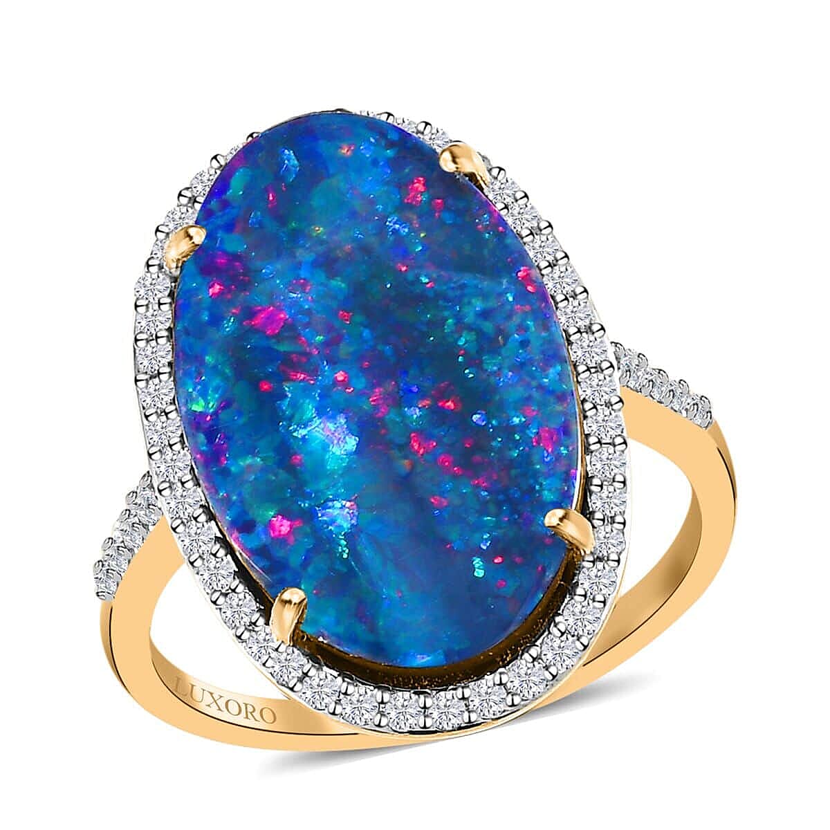 Luxoro 14K Yellow Gold AAA Boulder Opal Doublet and Diamond Halo Ring (Size 9.0) 6.75 ctw