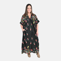 Anthony Richards Black Multi Floral Zip Front House Dress - One Size Fits up to XXL