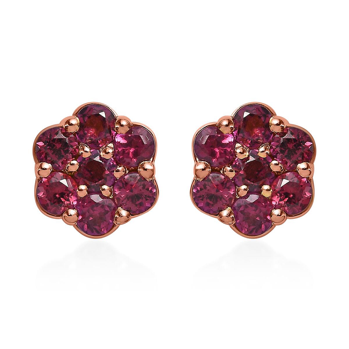 Orissa Rhodolite Garnet Floral Stud Earrings in Vermeil Rose Gold Over Sterling Silver 1.25 ctw