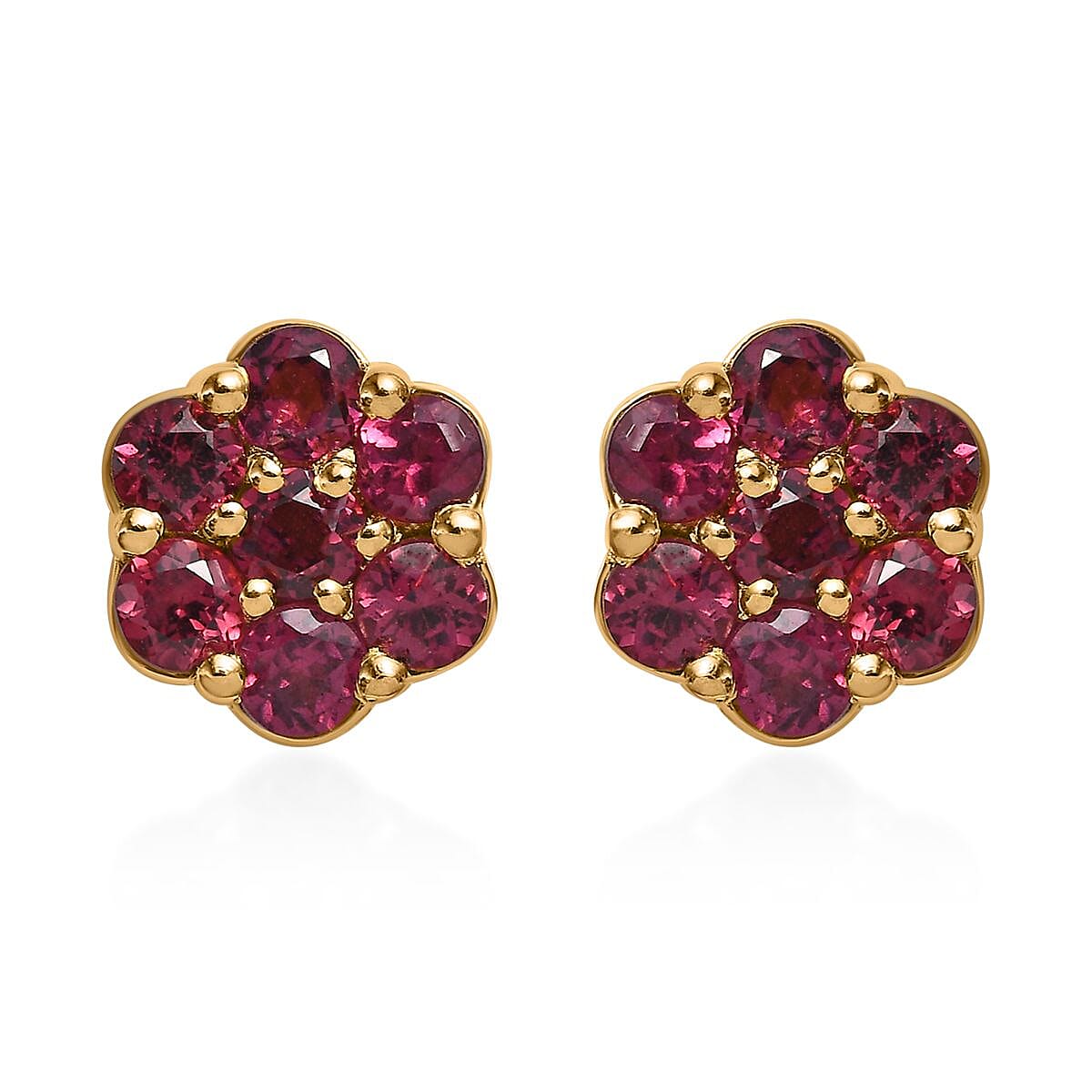 Orissa Rhodolite Garnet Floral Stud Earrings in Vermeil Yellow Gold Over Sterling Silver 1.25 ctw