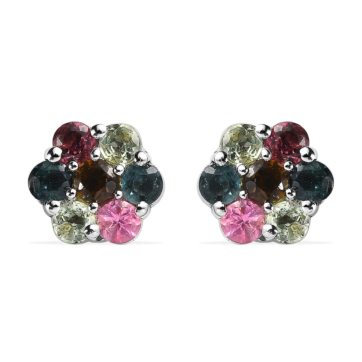 Multi-Tourmaline Floral Stud Earrings in Platinum Over Sterling Silver 1.00 ctw