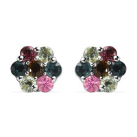 Multi-Tourmaline Floral Stud Earrings in Platinum Over Sterling Silver 1.00 ctw