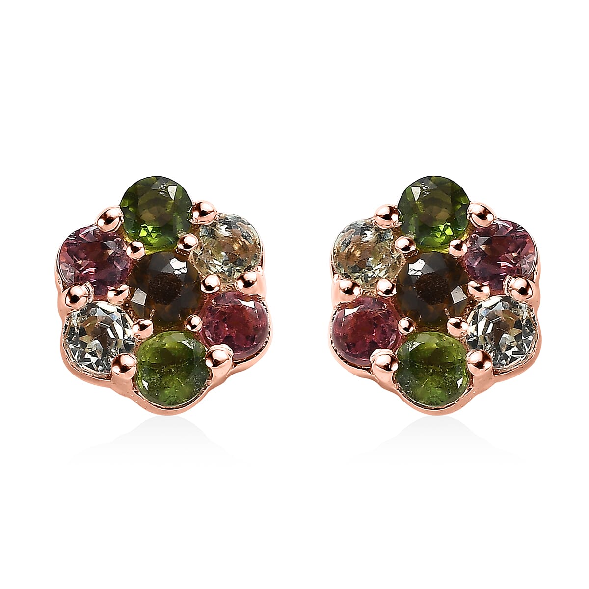 Multi-Tourmaline Floral Stud Earrings in Platinum Over Sterling Silver 1.00 ctw