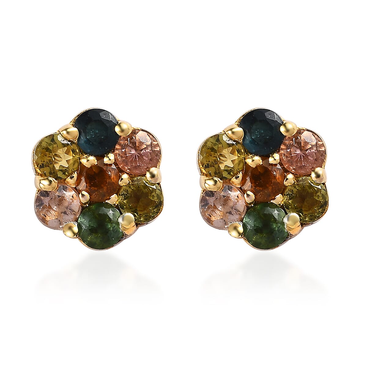 Multi-Tourmaline Floral Stud Earrings in Platinum Over Sterling Silver 1.00 ctw