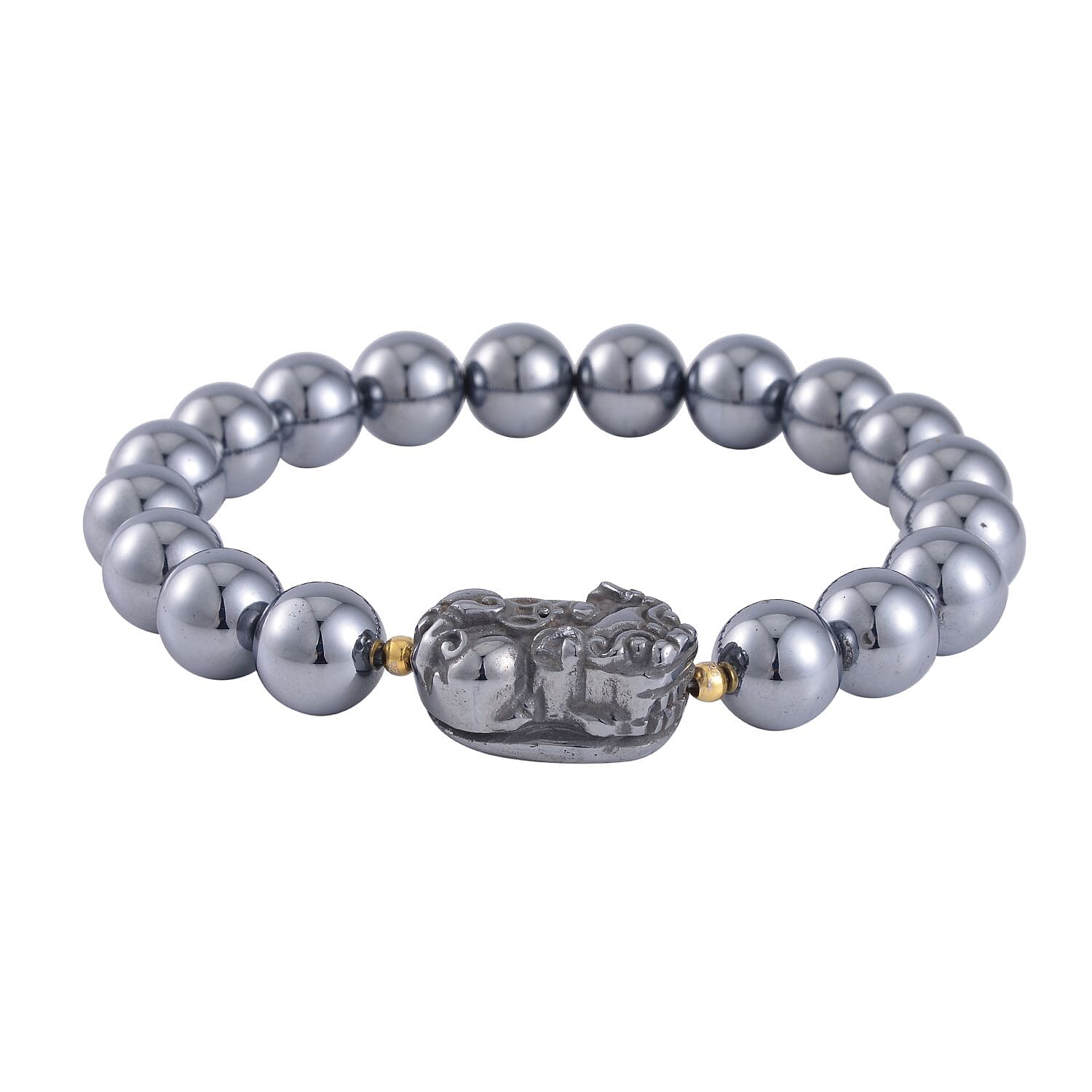 Terahertz 132.00 ctw Beaded with Pixiu Stretch Bracelet in 14K Yellow Gold Over Sterling Silver (6.5-7In)