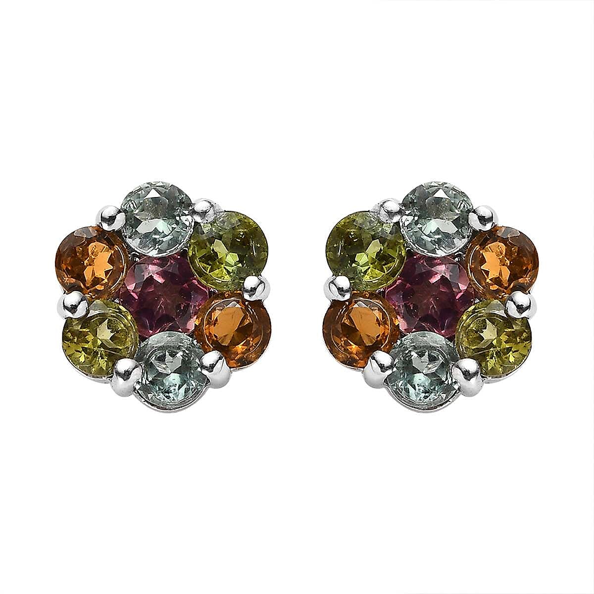 Multi-Tourmaline Floral Stud Earrings in Platinum Over Sterling Silver 1.70 ctw