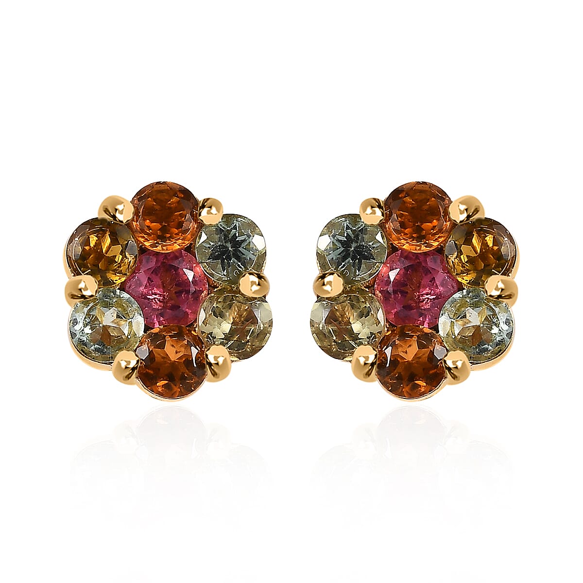 Multi-Tourmaline Floral Stud Earrings in Platinum Over Sterling Silver 1.70 ctw