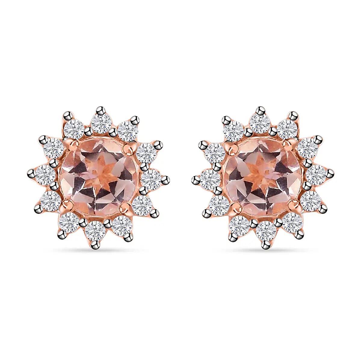 Marropino Morganite and White Zircon Sunburst Stud Earrings in Vermeil Rose Gold Over Sterling Silver 1.00 ctw
