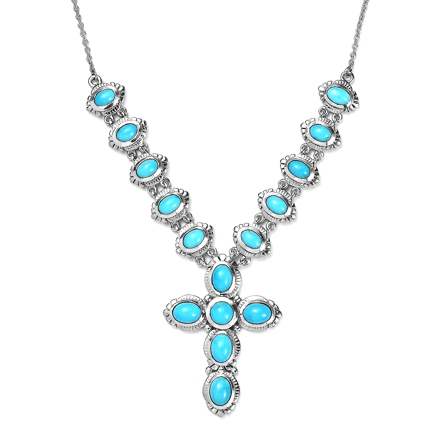 Sleeping Beauty Turquoise Cross Necklace 18 Inches in Platinum Over Sterling Silver 8.75 ctw