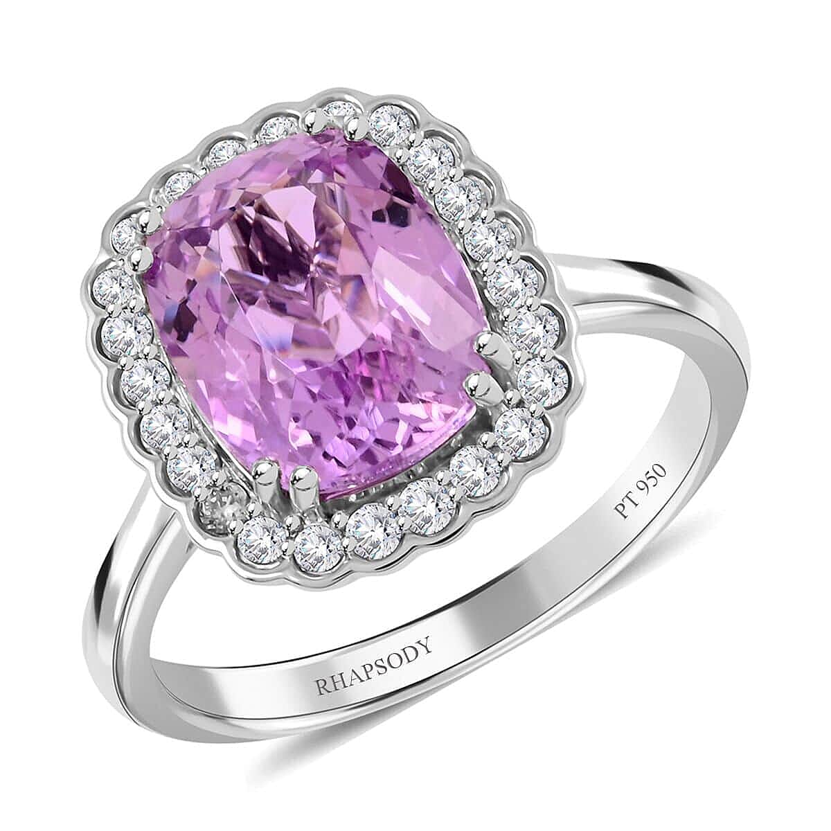 Certified & Appraised Rhapsody 950 Platinum AAA Patroke Kunzite and E-F VS Diamond Halo Ring 5.85 Grams 4.25 ctw